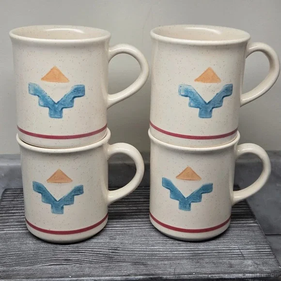 VTG Pfaltzgraff Saratoga Aztec Southwestern Speckled Stoneware Mugs, Set 4, RARE - Picture 1 of 16